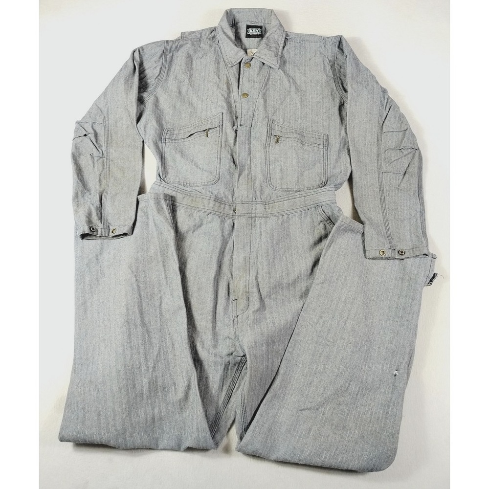 Vintage Key Coveralls Mens Large Gray Herringbone Mechanic Workwear Distressed